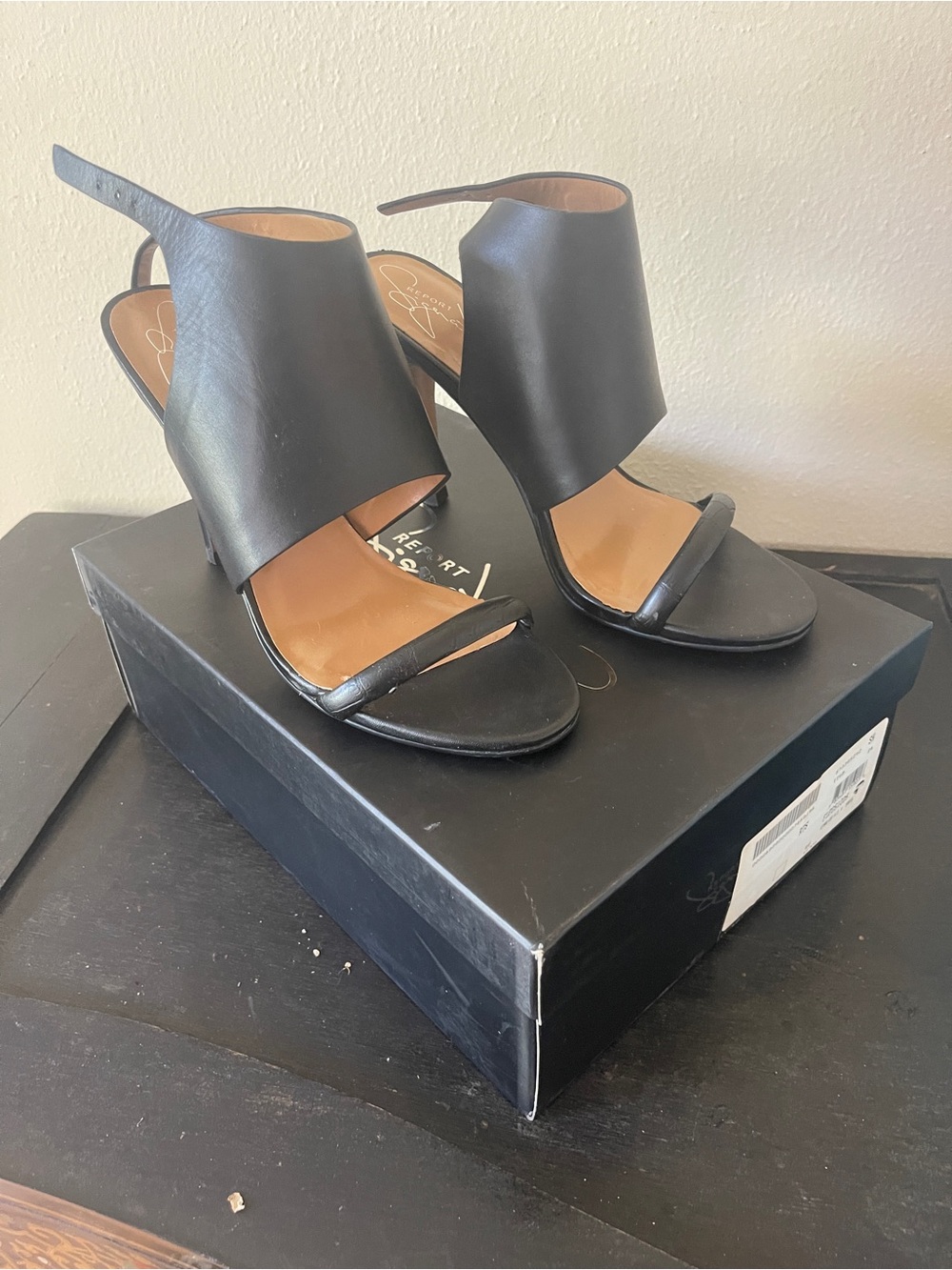 Report Signature Black Open-Toe Slingback Heeled Sandals